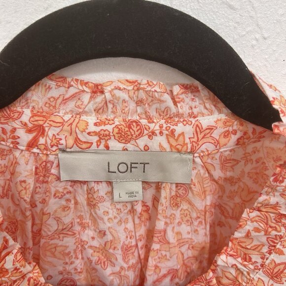 Ann Taylor LOFT Jungle Ruffle Neck Poet Blouse Womens LRG Orange Prairie Cottage - Picture 5 of 9
